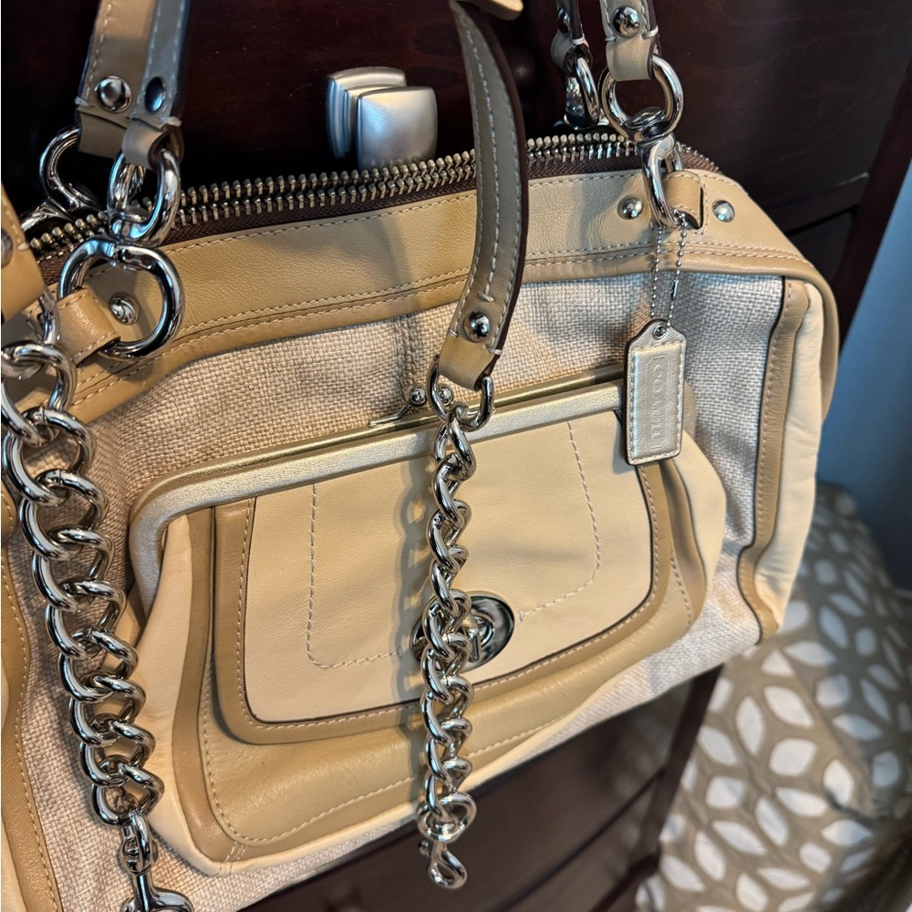 Coach Cream and Silver Satchel with Structured Design